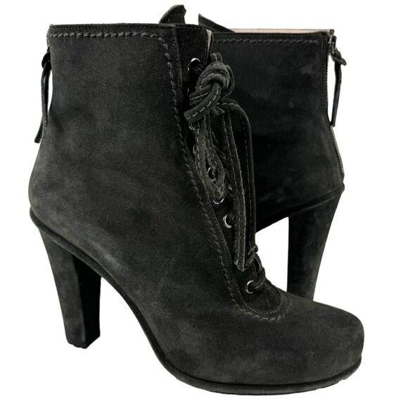 Miu Miu Booties Lace Up Suede Leather Ankle Boots Block High Heel Round Toe 39 - Picture 1 of 16